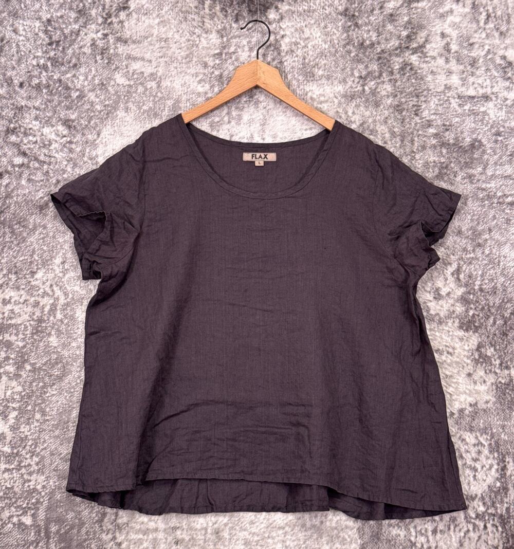 FLAX Top Large Womens 100% Linen Gray Short Sleeve